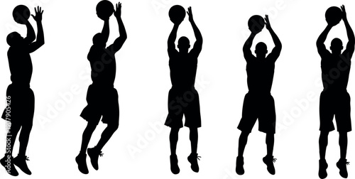 Set of basketball player silhouettes in shooting and jumping poses
