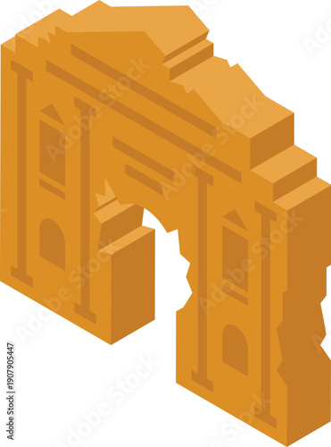 Isometric view of a crumbling triumphal arch, symbolizing the passage of time and the decline of empires