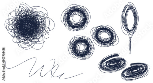 navy blue scribble doodle elements, hand drawn vector graphics, abstract shapes, swirls, and signature, for illustration or design overlay, Isolated on transparent background, png