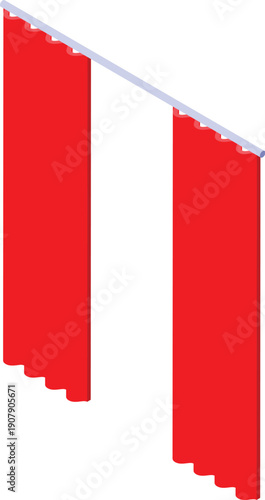 Red curtains hanging on a rod, creating a vibrant and dramatic atmosphere, isometric view