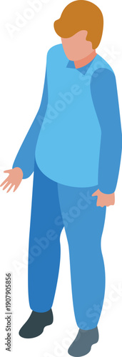 Professional cleaning service worker wearing blue uniform is gesturing downwards with hand