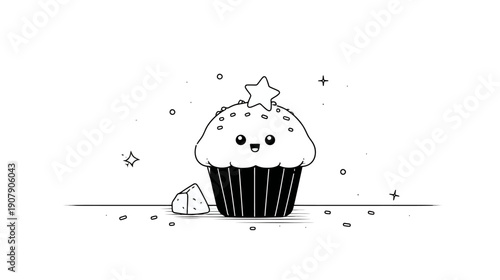 Adorable monochrome illustration of a smiling cupcake with a star and sprinkle details