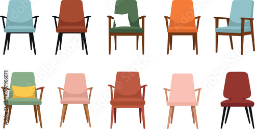 Set of mid-century modern armchairs with colorful upholstery and wooden legs flat vector illustration