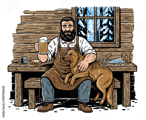 Vintage Bearded Craftsman and Dog Vector Art. Cozy Woodworker in Log Cabin Holding Craft Beer Mug. Rustic T-Shirt Print Design or Brewery Label Graphic.