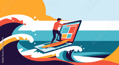 Businessman stands confidently surfing a massive laptop screen across turbulent ocean waves symbolizing navigating complex digital trends and internet challenges successfully.