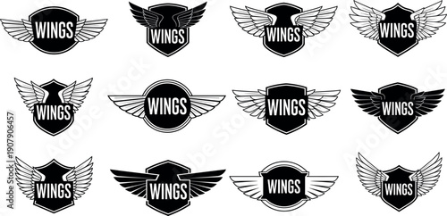 Set of vintage shield logos with wings for security military and automotive branding vector illustration