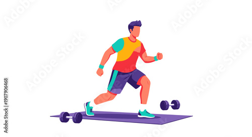 Athletic man performing a dynamic lunge exercise on a purple fitness mat between two small dumbbells during an intense indoor workout session.