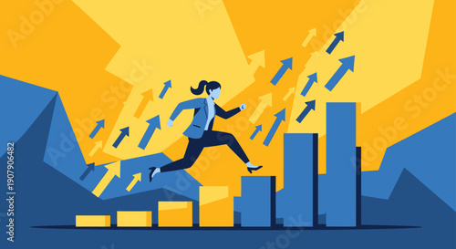 Businesswoman confidently leaps across ascending blue bar graphs marked with upward arrows indicating significant career achievement and growth.