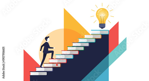 Businessman climbs a staircase made of colorful books toward a shining lightbulb representing innovation and achieving professional goals successfully.