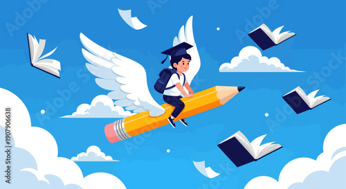 Young student wearing graduation cap rides a winged pencil through a blue sky surrounded by floating open textbooks symbolizing flight and knowledge.