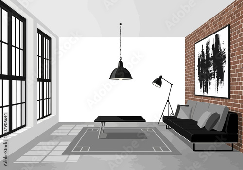 Modern Industrial Living Room with Black Sofa and Abstract Art.