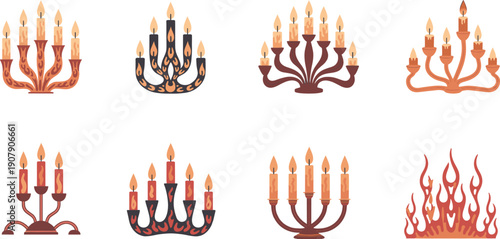 Collection of vintage candelabras with burning candles and fire flame illustrations isolated on white background for mystical or spooky
