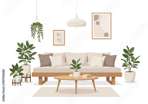 Modern Living Room with Sofa and Plants.