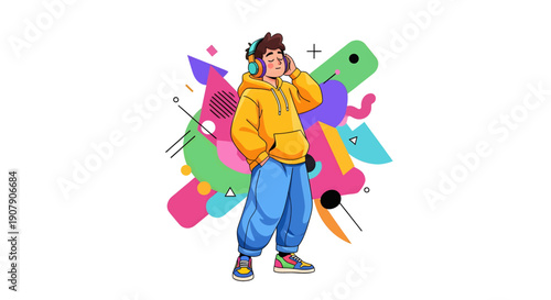 Teenage boy dressed in bright streetwear enjoys listening to music through large over-ear headphones against a dynamic background of colorful abstract shapes.