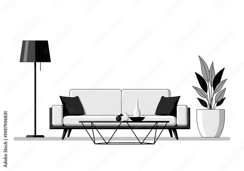 Fototapeta premium Modern Living Room Furniture Set with Sofa Coffee Table and Lamp.