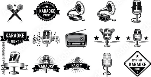 Vintage karaoke and music club logo set with retro microphones gramophones and radio icons vector illustration
