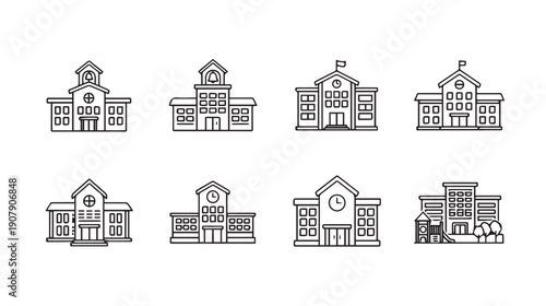 Collection of School Building Icons, Outline Style, Minimalist Design