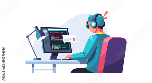 Programmer wearing headphones works intently on complex computer code displayed on a desktop monitor in a focused home office setting.