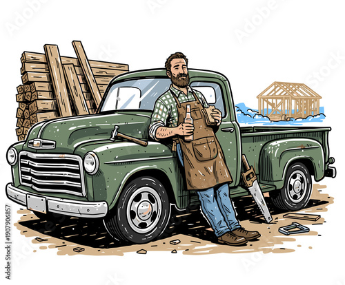 Retro Comic Vector Illustration of Happy Bearded Builder Resting by his Vintage Classic Pickup Truck, Carpenter Hard Work Lifestyle T-shirt Print Graphic Design