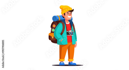 Cheerful young male backpacker wearing a bright yellow beanie and carrying a large rucksack stands ready for an adventure.