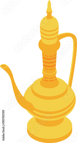 Golden jug, resembling an aladin lamp, evoking magic, wealth, and oriental tales in a detailed isometric view
