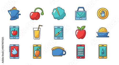 Set of colorful cartoon food and technology icons on white background