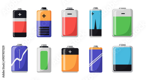 Set of colorful battery icons for energy and power concepts
