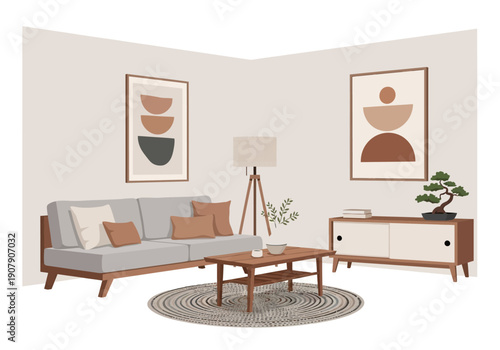 Modern Living Room with Mid-Century Furniture and Abstract Art.