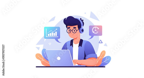 Young professional wearing headphones works diligently on a laptop displaying data charts for online productivity or remote business management concepts.