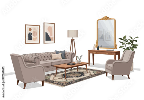 Elegant Living Room Furniture Arrangement with Art and Mirror.