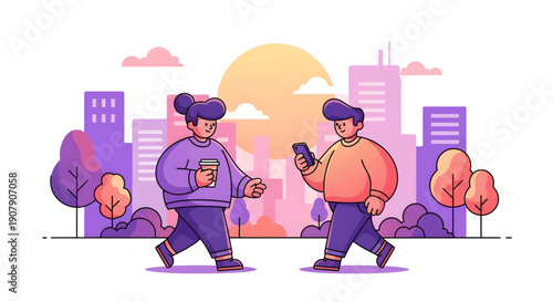 Two stylized individuals walk past each other in a vibrant city park setting during sunset with one person engrossed in their mobile device.