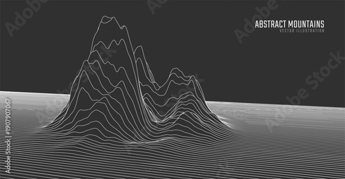 Contour mountain landscape. Waved line art. Abstract minimal topographic map. Contour lines with elevations and terrain depth. Vector illustration.