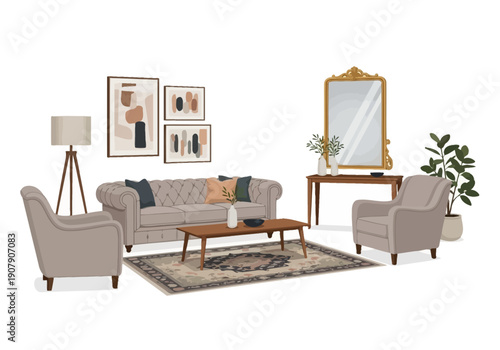 Elegant Living Room Furniture Arrangement with Art and Mirror.