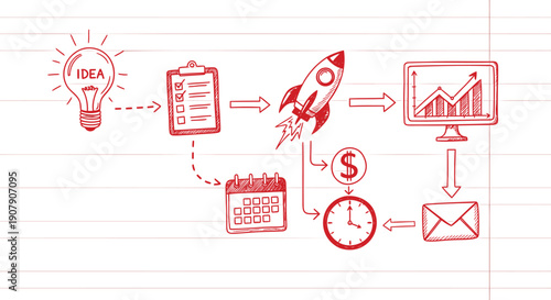 Vector workflow diagram with business icons, timeline, and productivity symbols, for presentation or website, isolated on transparent background, png