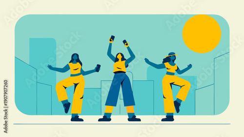 Friends dancing together in a vibrant city square on a sunny day with yellow and blue outfits