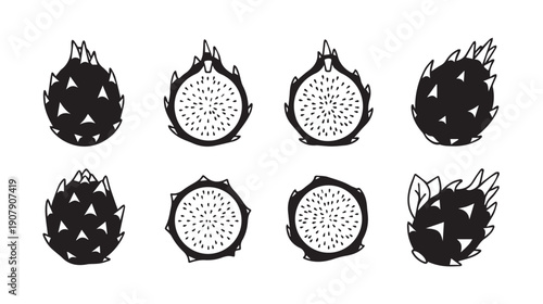 Dragon Fruit Icons: Whole and Halved, Black and White Vector Graphics