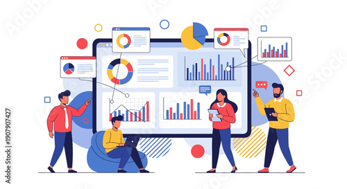 Diverse team of business professionals collaborates around a large digital tablet displaying various charts and analytical data dashboards.