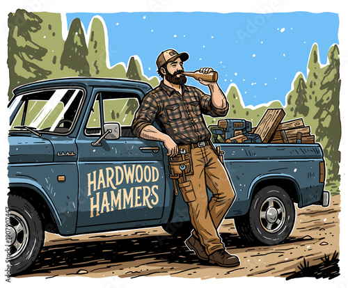 Extreme retro contractor graphic vector illustration, hardworking blue collar man with beard leaning on vintage pickup truck drinking beer, t-shirt print design.