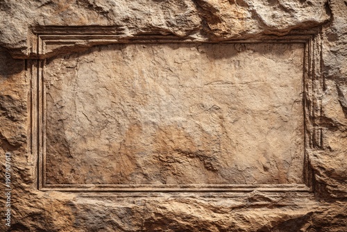 Blank stone tablet carved into rough rock face, textured background for text
