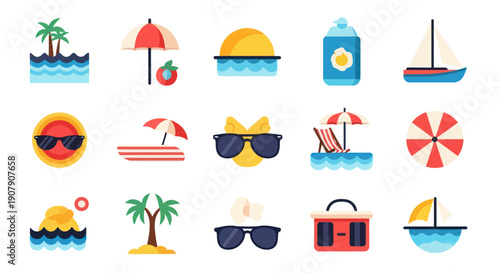 Summer icons beach and vacation elements isolated colorful illustrations