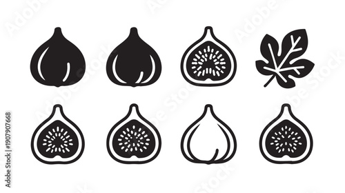 Figs and Fig Leaf Icons Collection, Whole and Halved Fruit, Black and White Vector Graphics