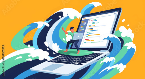 Surfer coding on a laptop balances on a surfboard riding a massive wave made of digital data crashing over the computer screen.