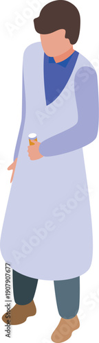 Pharmacist wearing lab coat holding medicine bottle isometric illustration