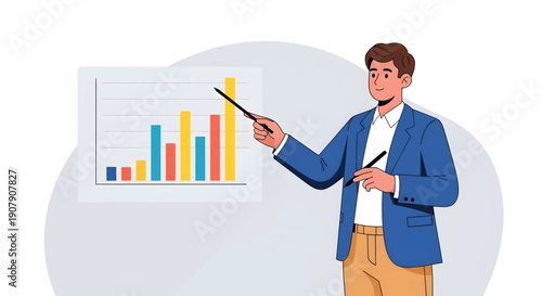Businessman points with a stick at a rising bar chart display, presenting positive financial growth statistics during a professional office presentation.