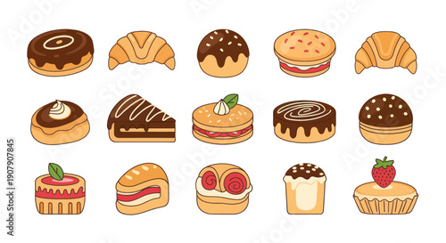 Variety of baked goods illustration desserts icons sweet bakery elements