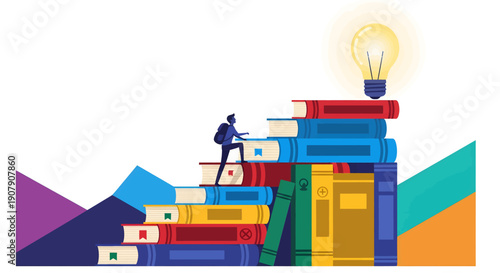 Student climbs a tall staircase made of colorful stacked books toward a glowing lightbulb symbolizing knowledge achievement and future success.