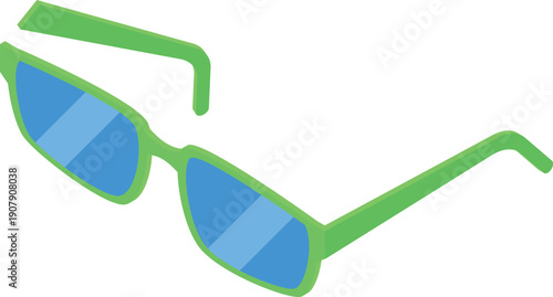 Green sunglasses with blue lenses are opening on a white background, representing summer, vision correction, and fashion