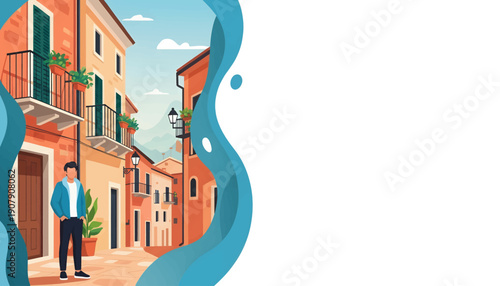 Man stands on a narrow, old European street framed by colorful buildings, ready for travel or vacation in a vibrant Mediterranean town.