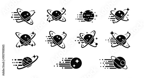 Vector astronomy icons, planetary symbols with lines and stars, for website or presentation, isolated on transparent background, png