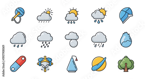 Weather icons set illustrating climate conditions and meteorology symbols